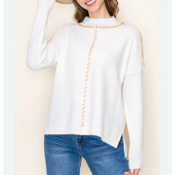 Staccato Sweater Oatmeal Beige Brown Contrast Stitching Seams Small Fall - Picture 1 of 8